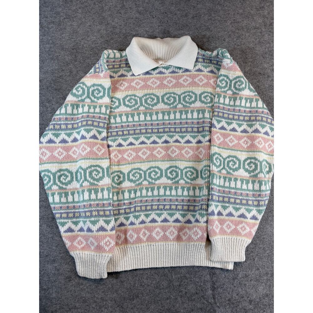 VINTAGE Alfred Dunner Sweater Womens Medium Green Cream Geometric Knit Artsy